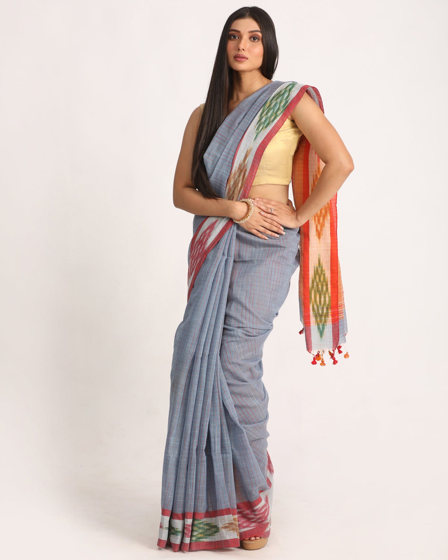 Women's Kotki Border Deep Grey Cotton Blend Handloom Saree