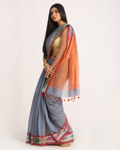 Women's Kotki Border Deep Grey Cotton Blend Handloom Saree