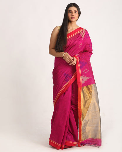 Women's Dark Pink Cotton Blend Handloom Jamdani Saree