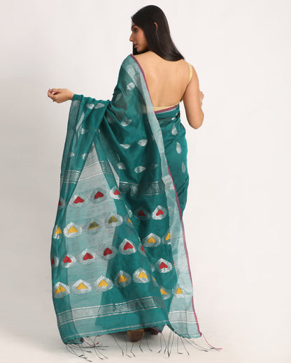 Women's Teal Cotton Blend Handloom Jamdani Saree