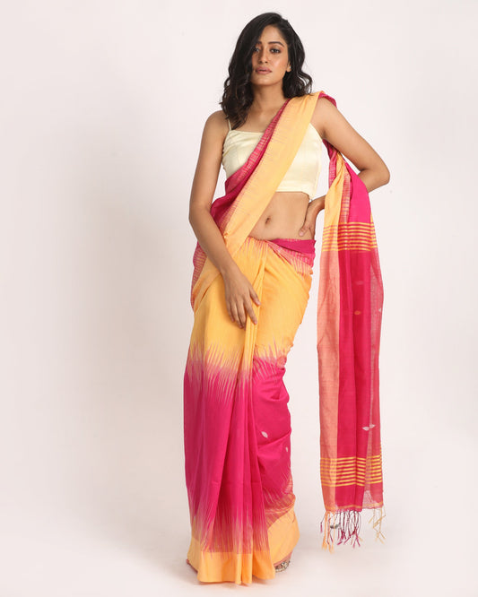 Women's Deep Pink Mellon Yellow Cotton Blend Handloom Tie Dye Jamdani Saree