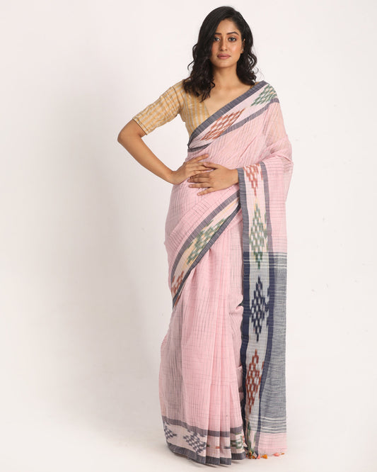 Women's Kotki Border Light Pink Cotton Blend Handloom Saree