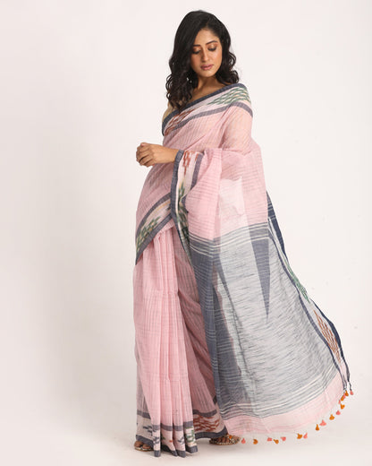 Women's Kotki Border Light Pink Cotton Blend Handloom Saree