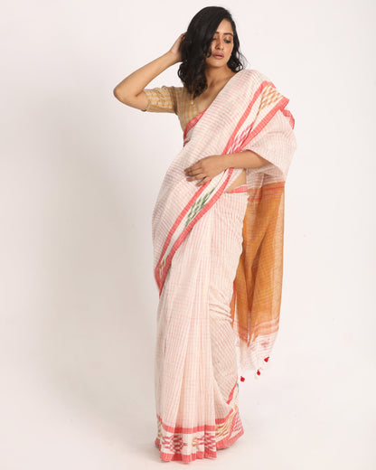 Women's Kotki Border White Cotton Blend Handloom Saree