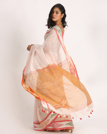 Women's Kotki Border White Cotton Blend Handloom Saree