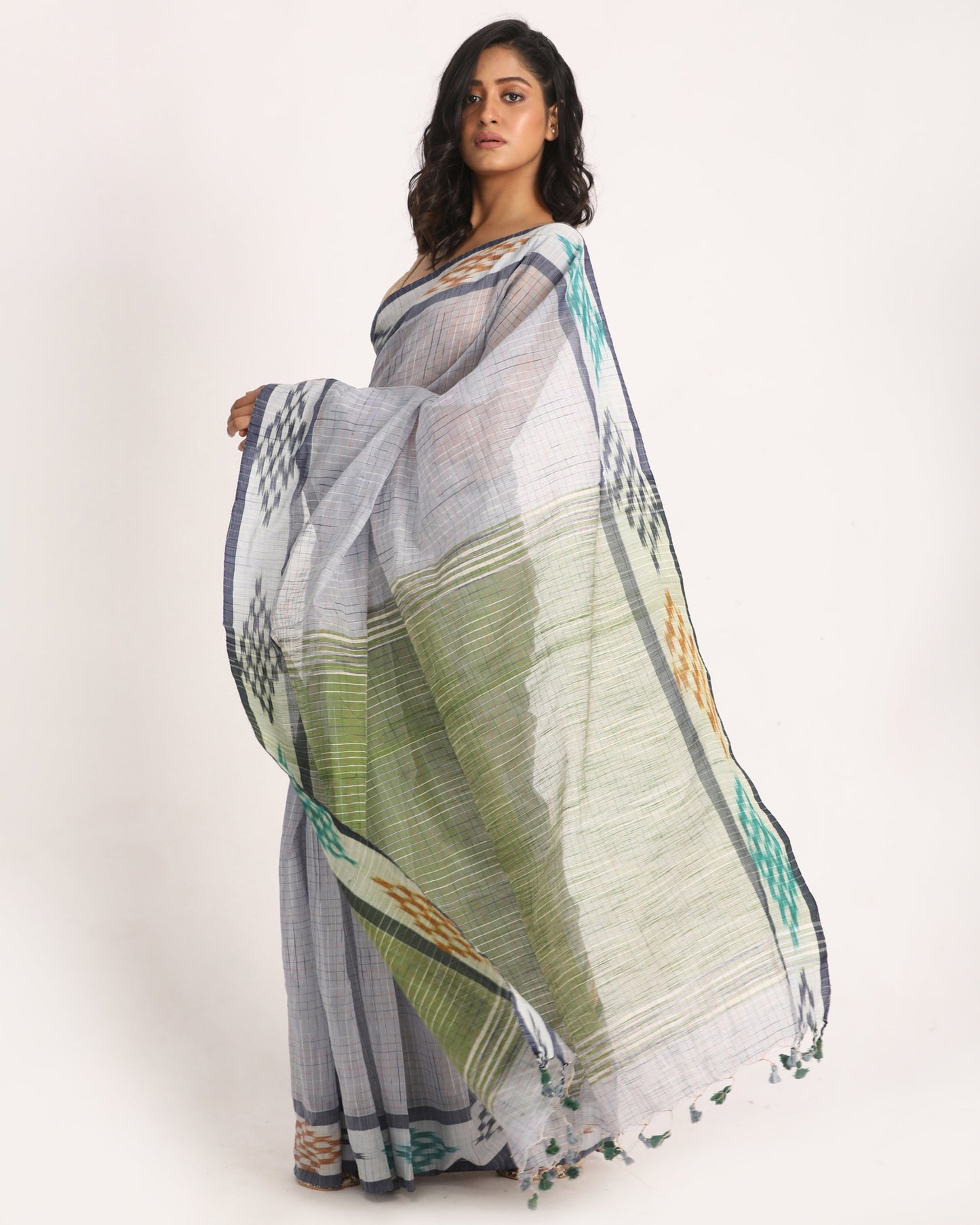 Women's Kotki Border Sky Blue Cotton Blend Handloom Saree