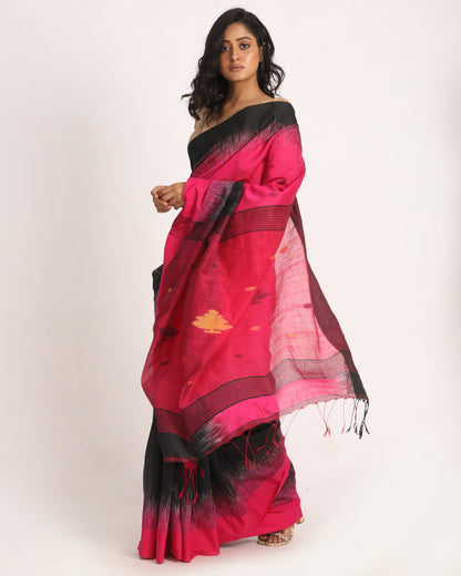 Women's Fuchsia Black Cotton Blend Handloom Tie Dye Jamdani Saree