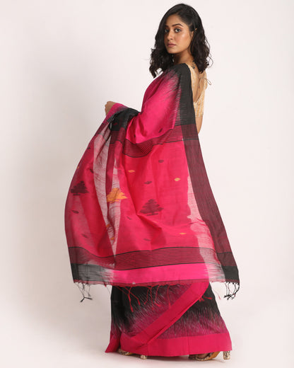 Women's Fuchsia Black Cotton Blend Handloom Tie Dye Jamdani Saree
