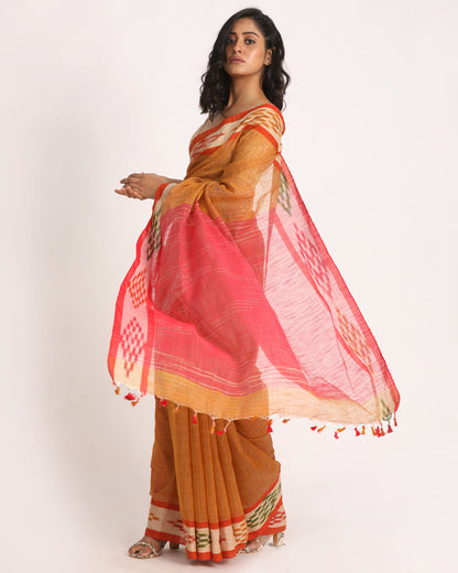 Women's Kotki Border Yellow Orange Cotton Blend Handloom Saree