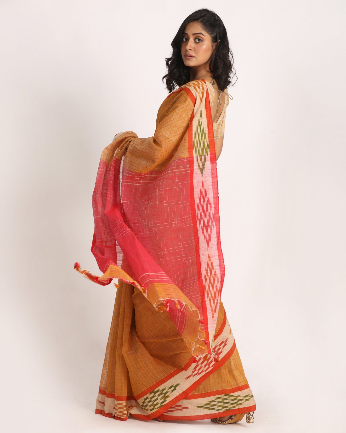 Women's Kotki Border Yellow Orange Cotton Blend Handloom Saree