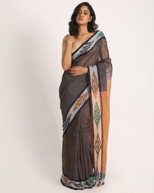 Women's Kotki Border Dark Grey Cotton Blend Handloom Saree