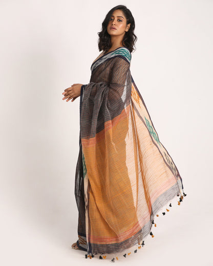 Women's Kotki Border Dark Grey Cotton Blend Handloom Saree
