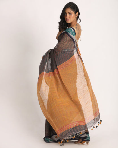 Women's Kotki Border Dark Grey Cotton Blend Handloom Saree