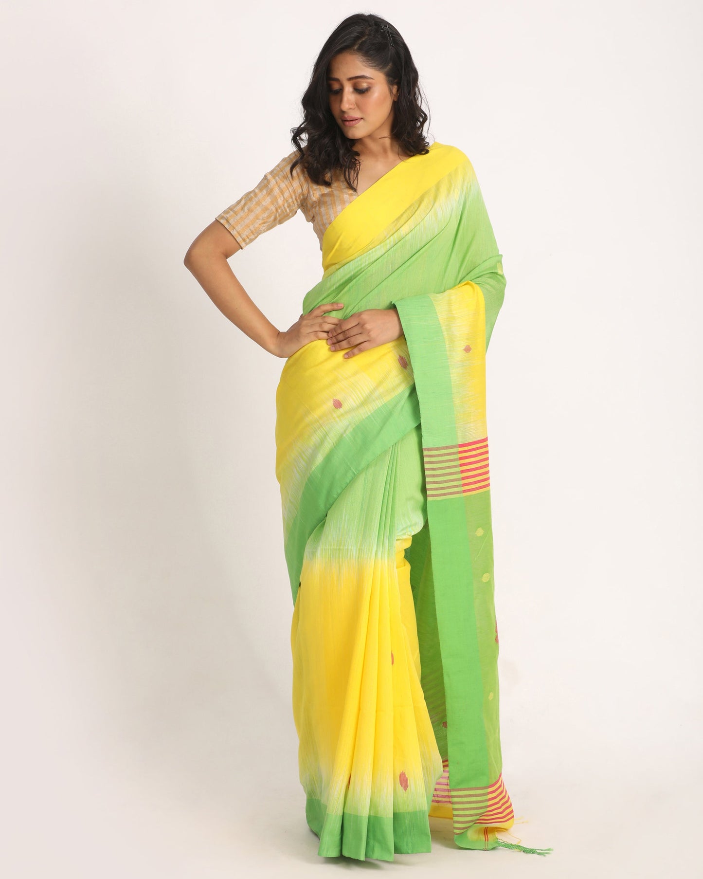Women's Yellow Green Cotton Blend Handloom Tie Dye Jamdani Saree