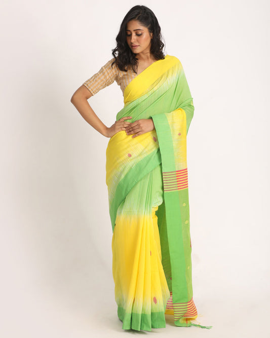 Women's Yellow Green Cotton Blend Handloom Tie Dye Jamdani Saree