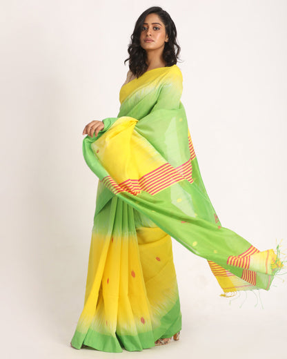 Women's Yellow Green Cotton Blend Handloom Tie Dye Jamdani Saree