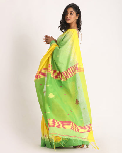 Women's Yellow Green Cotton Blend Handloom Tie Dye Jamdani Saree