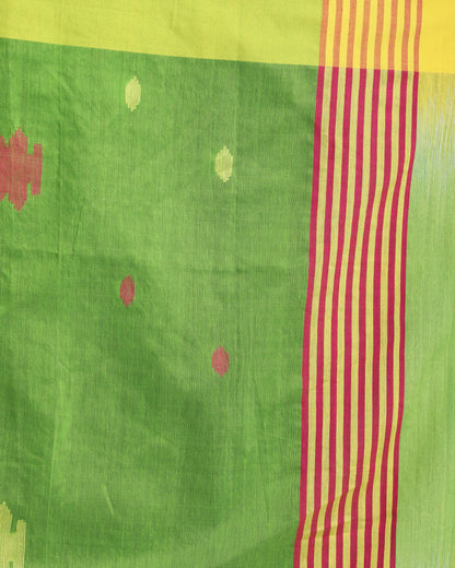 Women's Yellow Green Cotton Blend Handloom Tie Dye Jamdani Saree