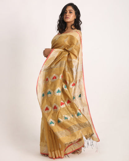 Women's Dark Chuku Cotton Blend Handloom Jamdani Saree