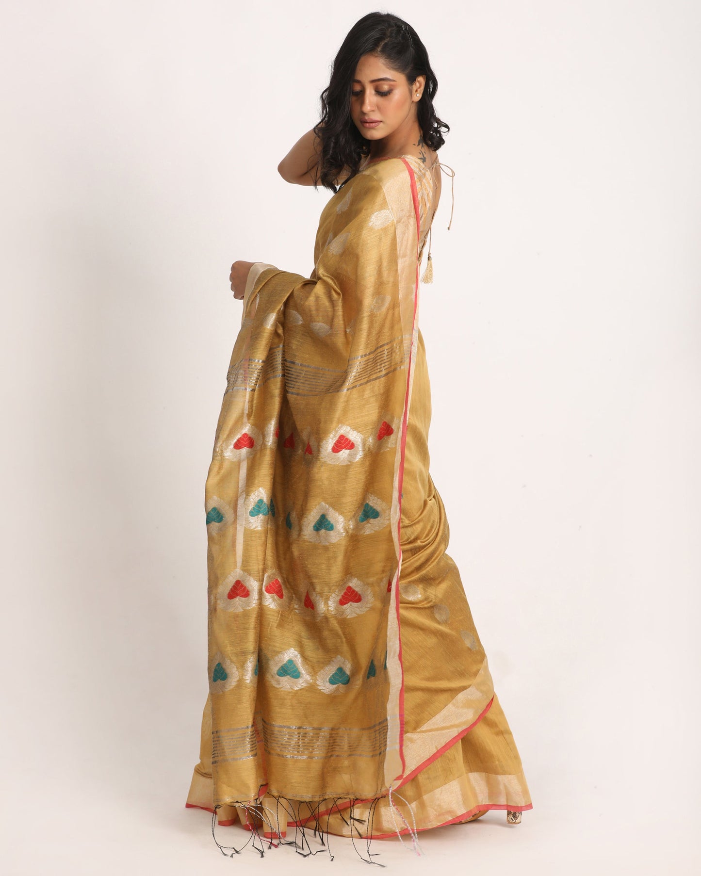 Women's Dark Chuku Cotton Blend Handloom Jamdani Saree