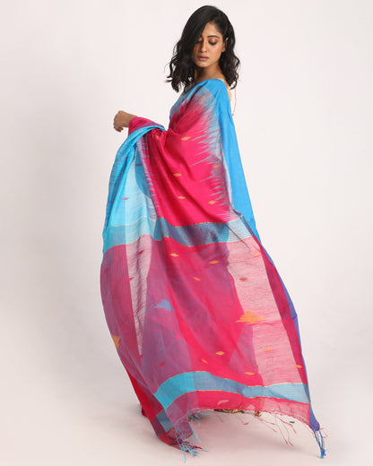 Women's Fuchsia Aqua Blue Cotton Blend Handloom Tie Dye Jamdani Saree