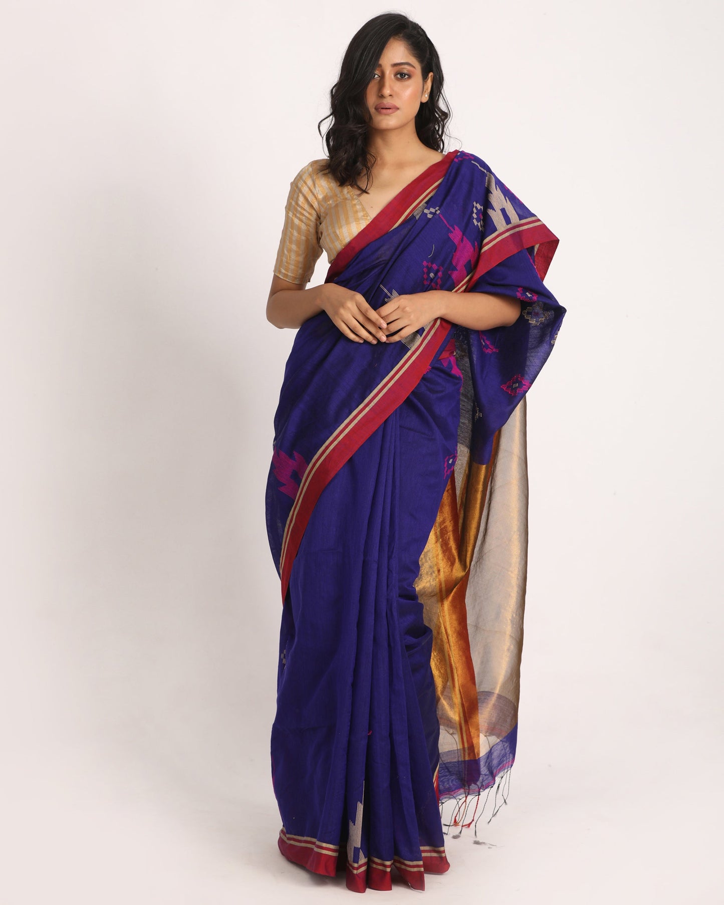 Women's Royel Blue Cotton Blend Handloom Jamdani Saree