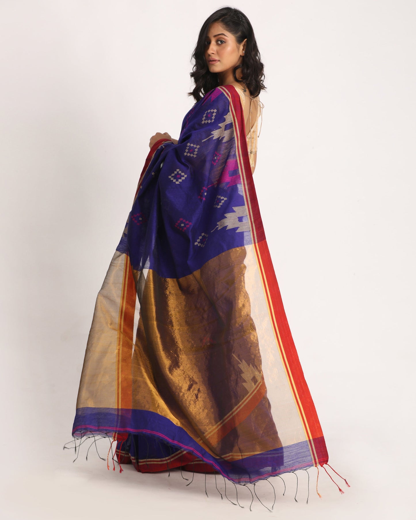 Women's Royel Blue Cotton Blend Handloom Jamdani Saree