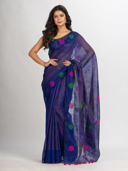 Women's Blue Handweven Cotton Blend Jamdani handloom Saree
