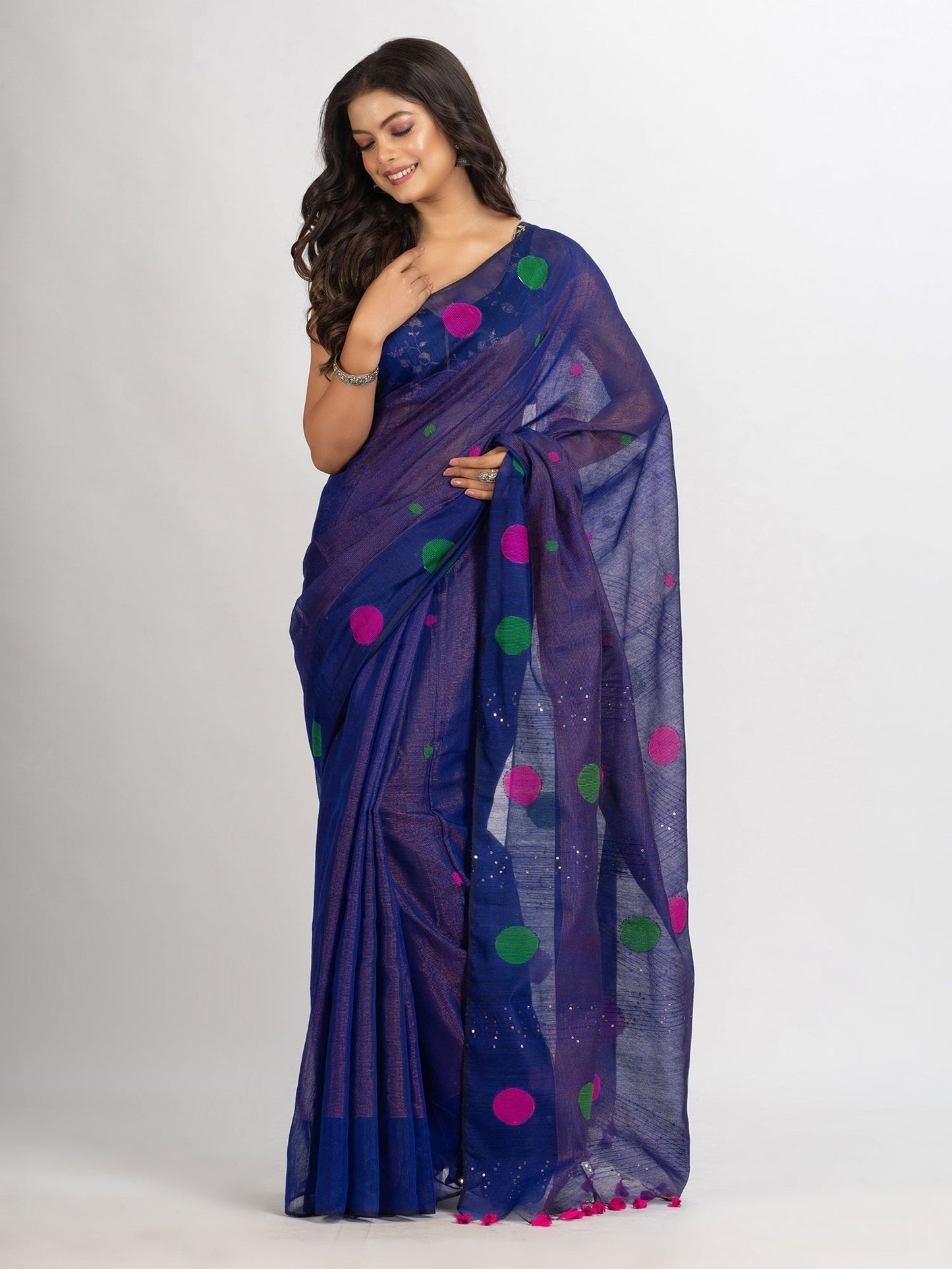 Women's Blue Handweven Cotton Blend Jamdani handloom Saree