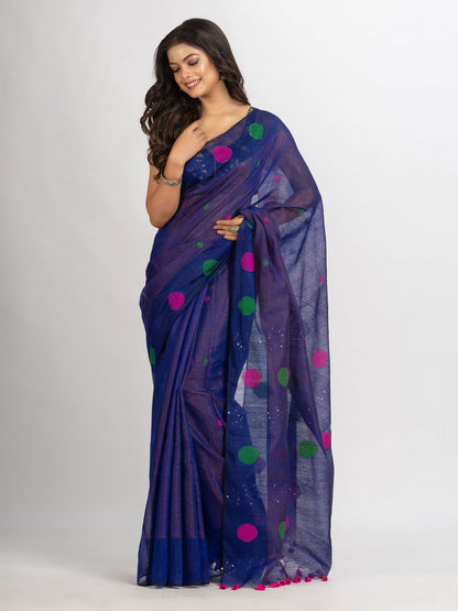 Women's Blue Handweven Cotton Blend Jamdani handloom Saree