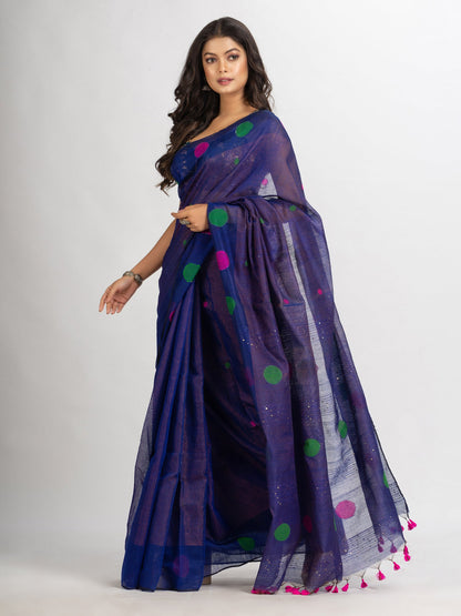 Women's Blue Handweven Cotton Blend Jamdani handloom Saree