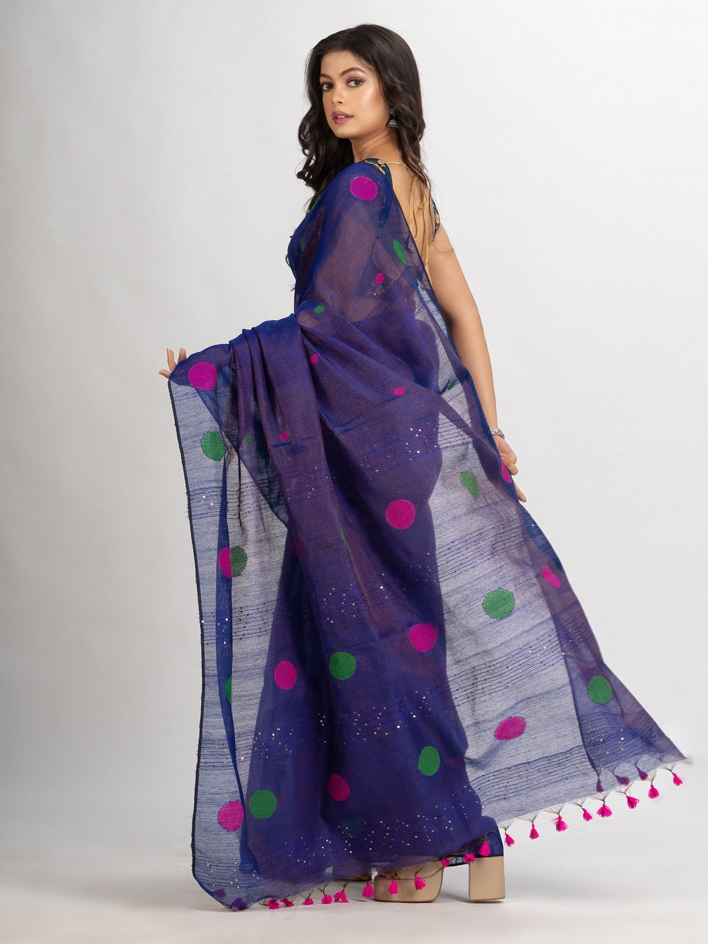 Women's Blue Handweven Cotton Blend Jamdani handloom Saree