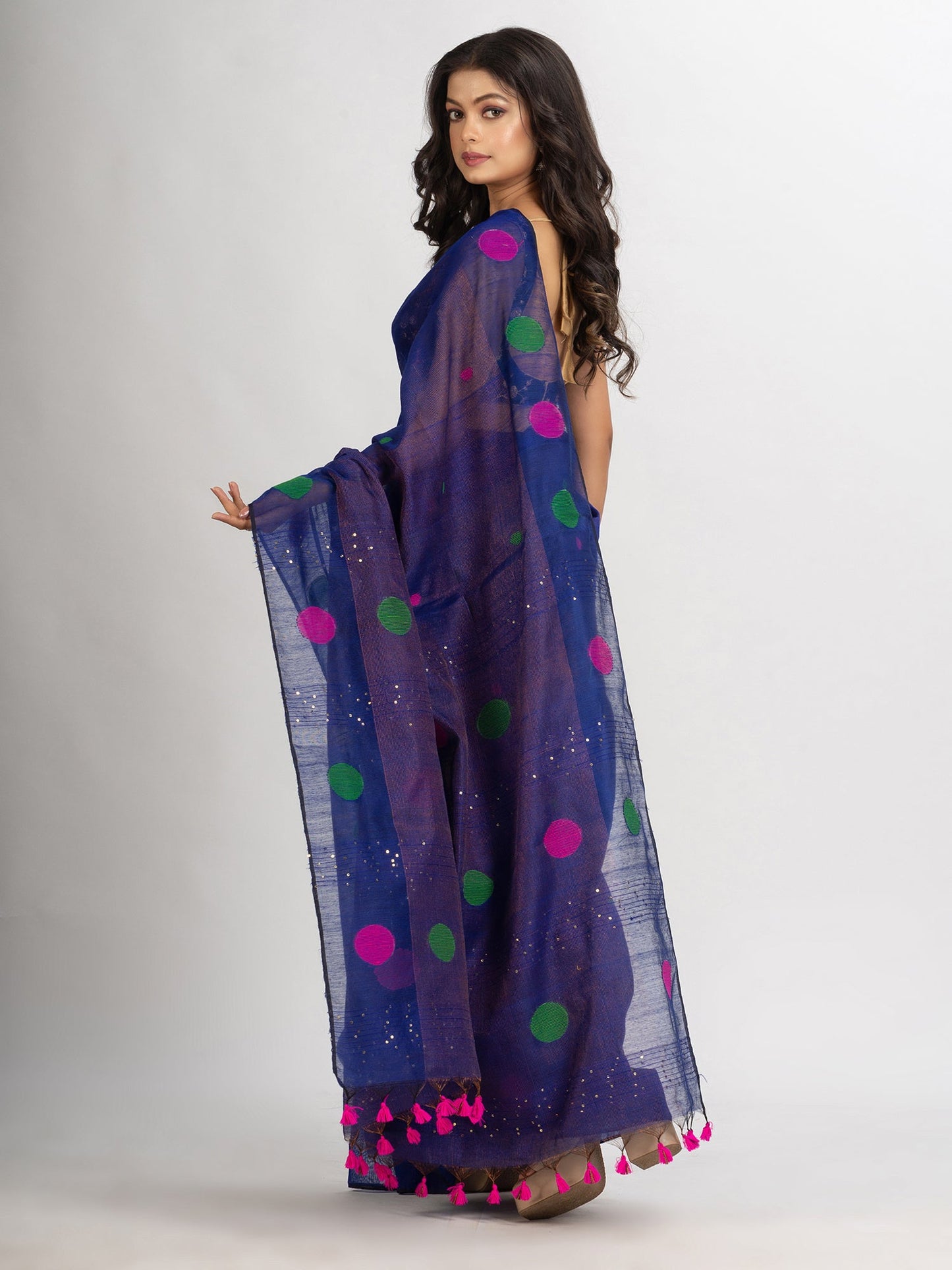 Women's Blue Handweven Cotton Blend Jamdani handloom Saree