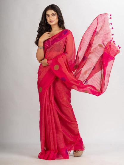 Women's Red Pink Handweven Cotton Blend Jamdani handloom Saree