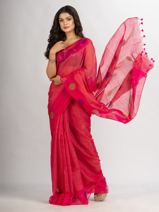 Women's Red Pink Handweven Cotton Blend Jamdani handloom Saree