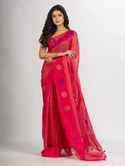 Women's Red Pink Handweven Cotton Blend Jamdani handloom Saree