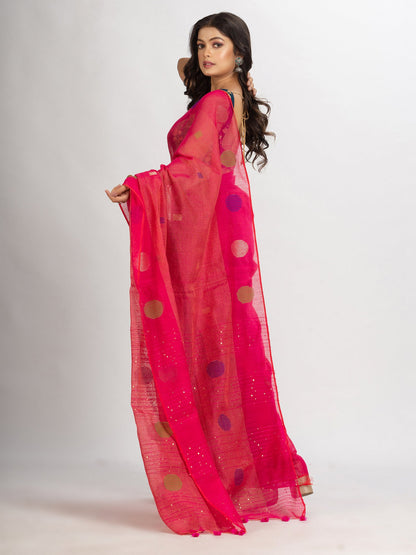 Women's Red Pink Handweven Cotton Blend Jamdani handloom Saree