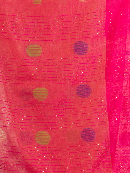 Women's Red Pink Handweven Cotton Blend Jamdani handloom Saree