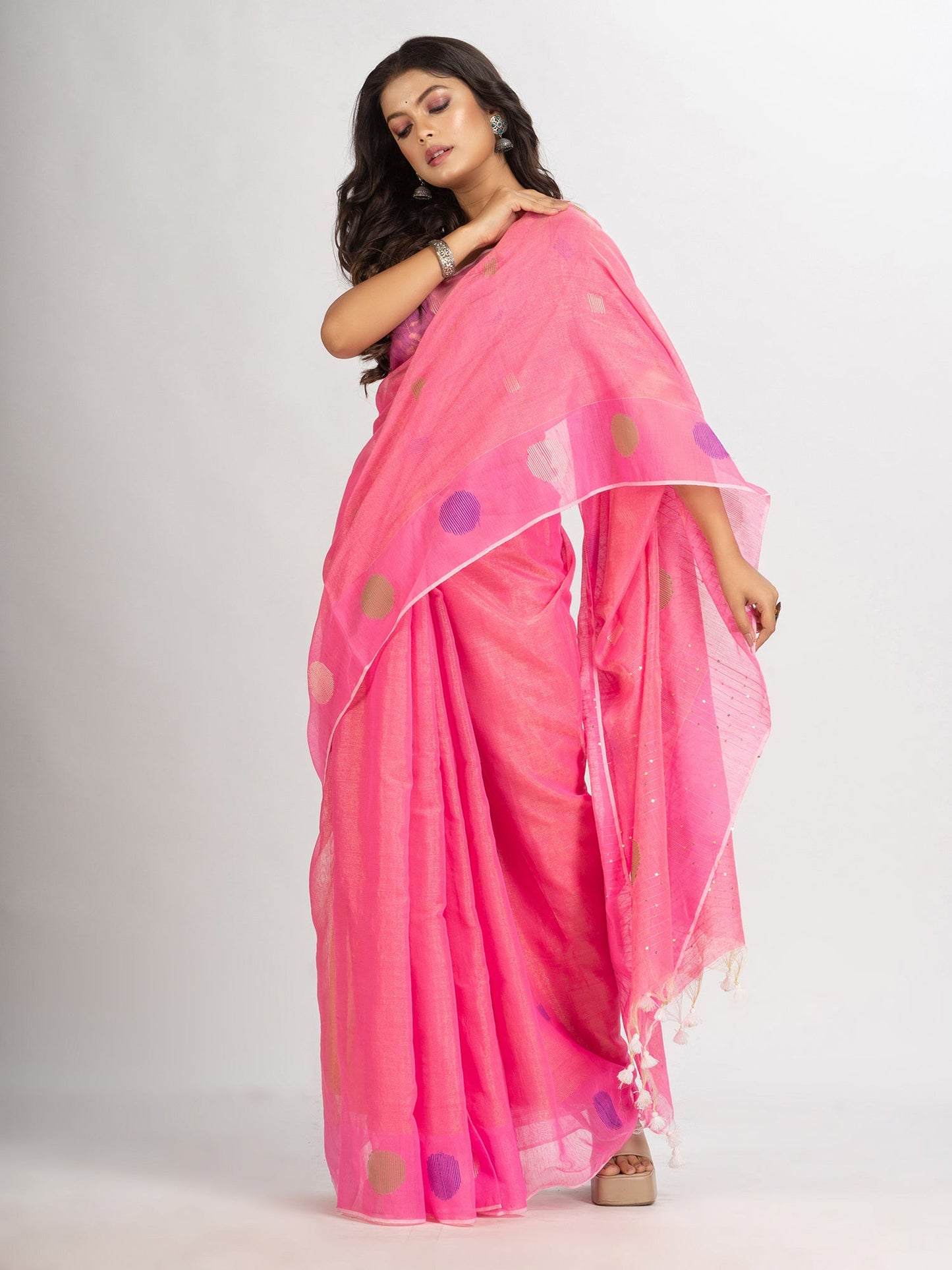 Women's Pink Handweven Cotton Blend Jamdani handloom Saree