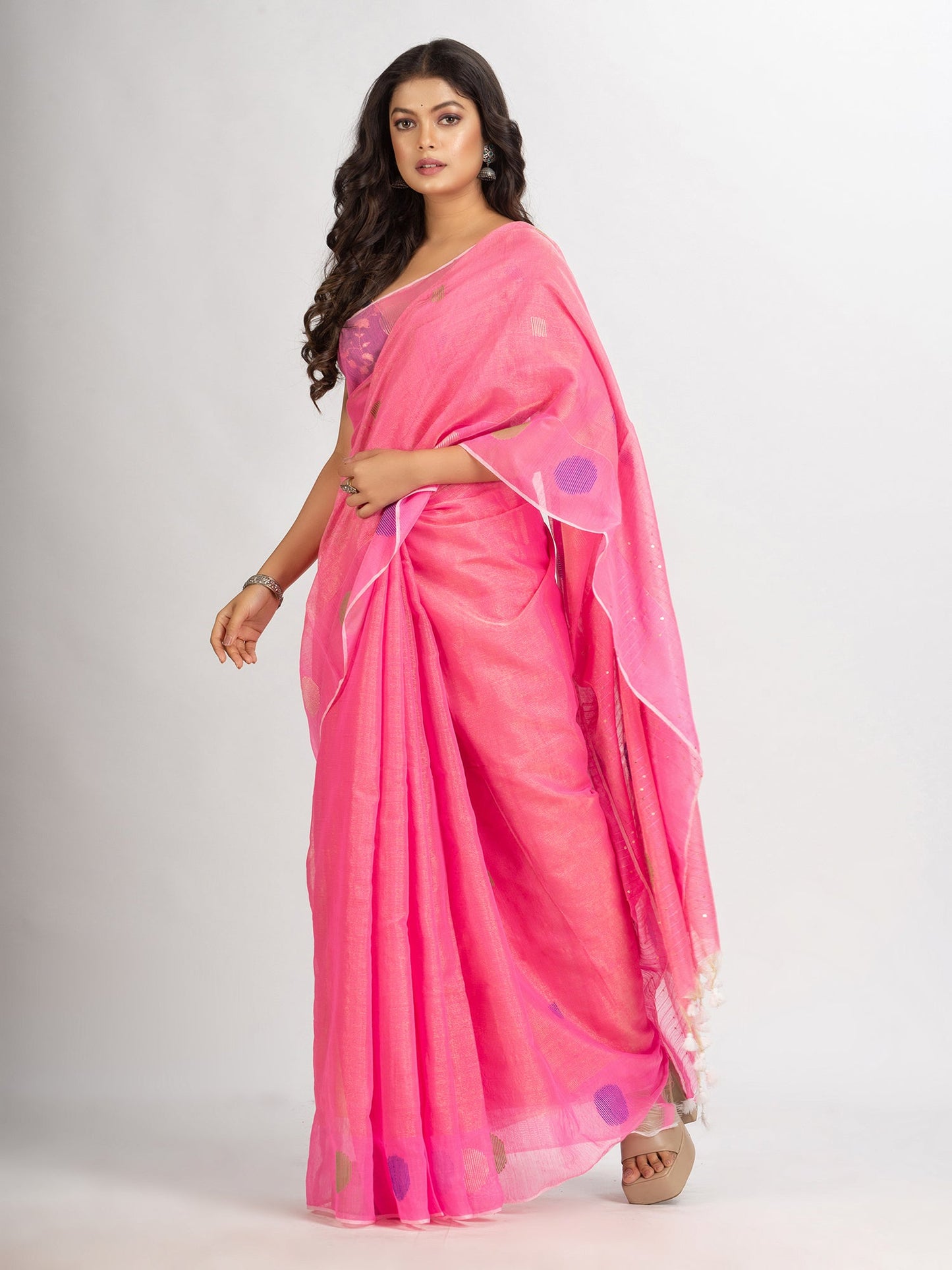 Women's Pink Handweven Cotton Blend Jamdani handloom Saree