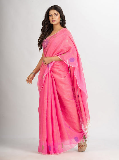 Women's Pink Handweven Cotton Blend Jamdani handloom Saree