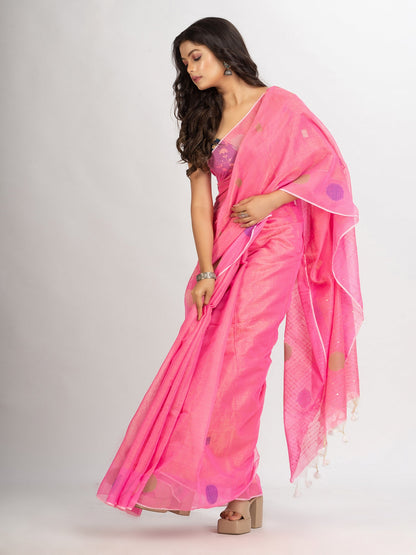 Women's Pink Handweven Cotton Blend Jamdani handloom Saree