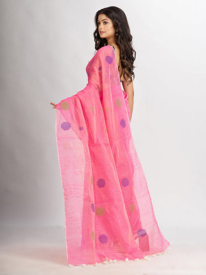 Women's Pink Handweven Cotton Blend Jamdani handloom Saree
