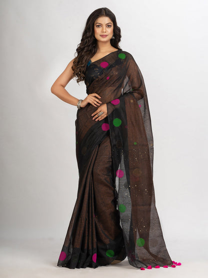 Women's Black Handweven Cotton Blend Jamdani handloom Saree