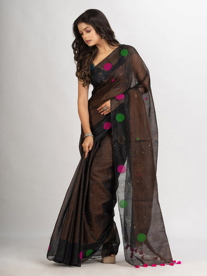 Women's Black Handweven Cotton Blend Jamdani handloom Saree