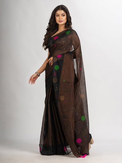 Women's Black Handweven Cotton Blend Jamdani handloom Saree