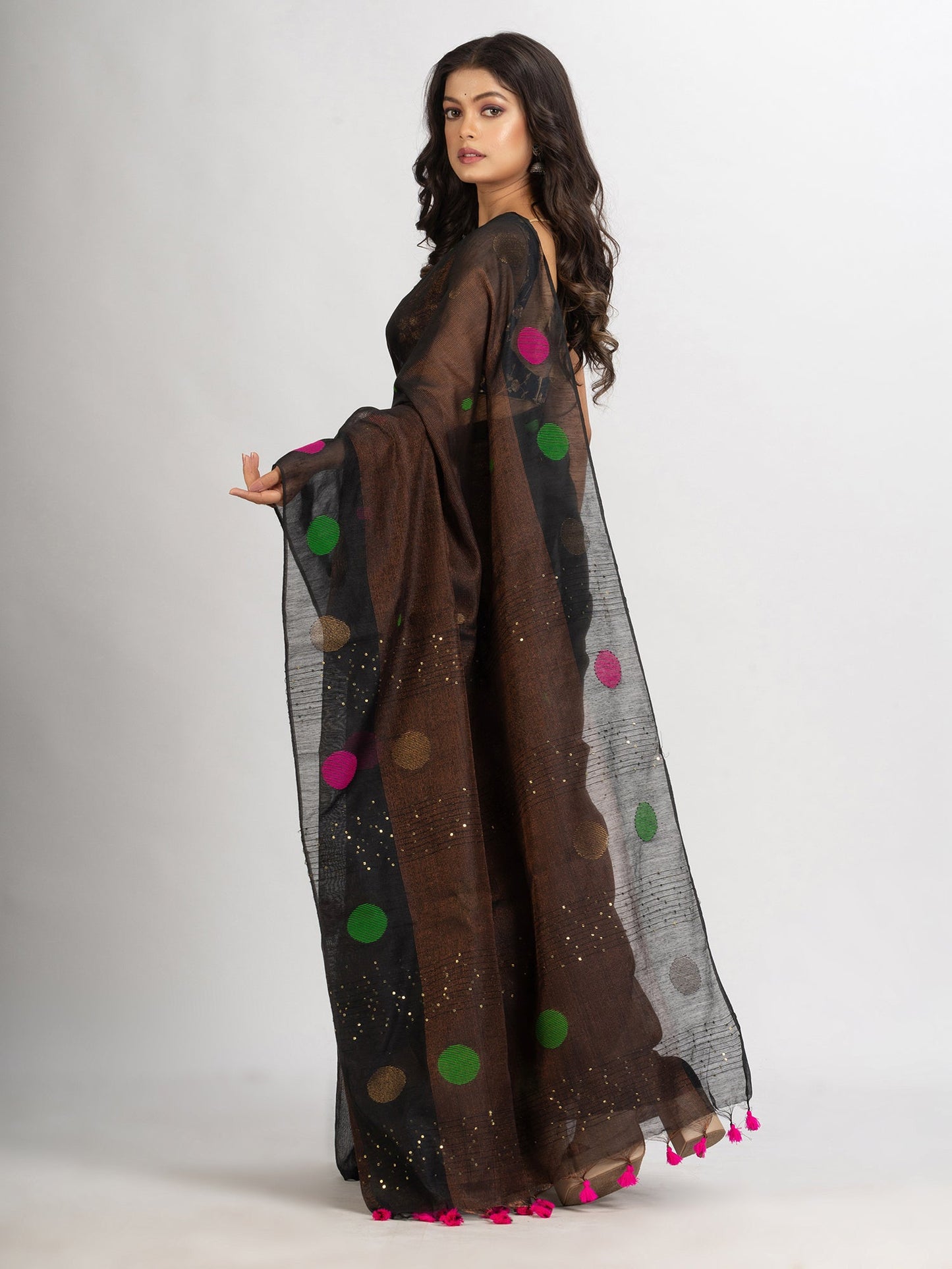 Women's Black Handweven Cotton Blend Jamdani handloom Saree