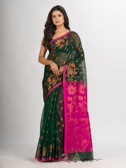 Women's Battle Green Cotton Blend Handloom Tangail Saree