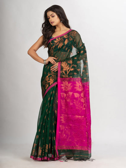 Women's Battle Green Cotton Blend Handloom Tangail Saree
