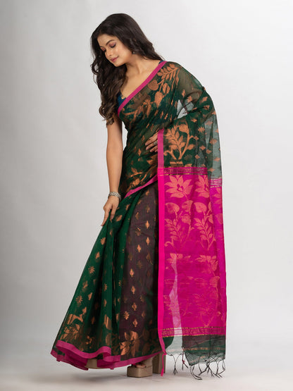 Women's Battle Green Cotton Blend Handloom Tangail Saree